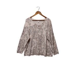J Jill Women’s XL Beige Paisley Knit Top Long Sleeve V Neck Boho Chiceachy